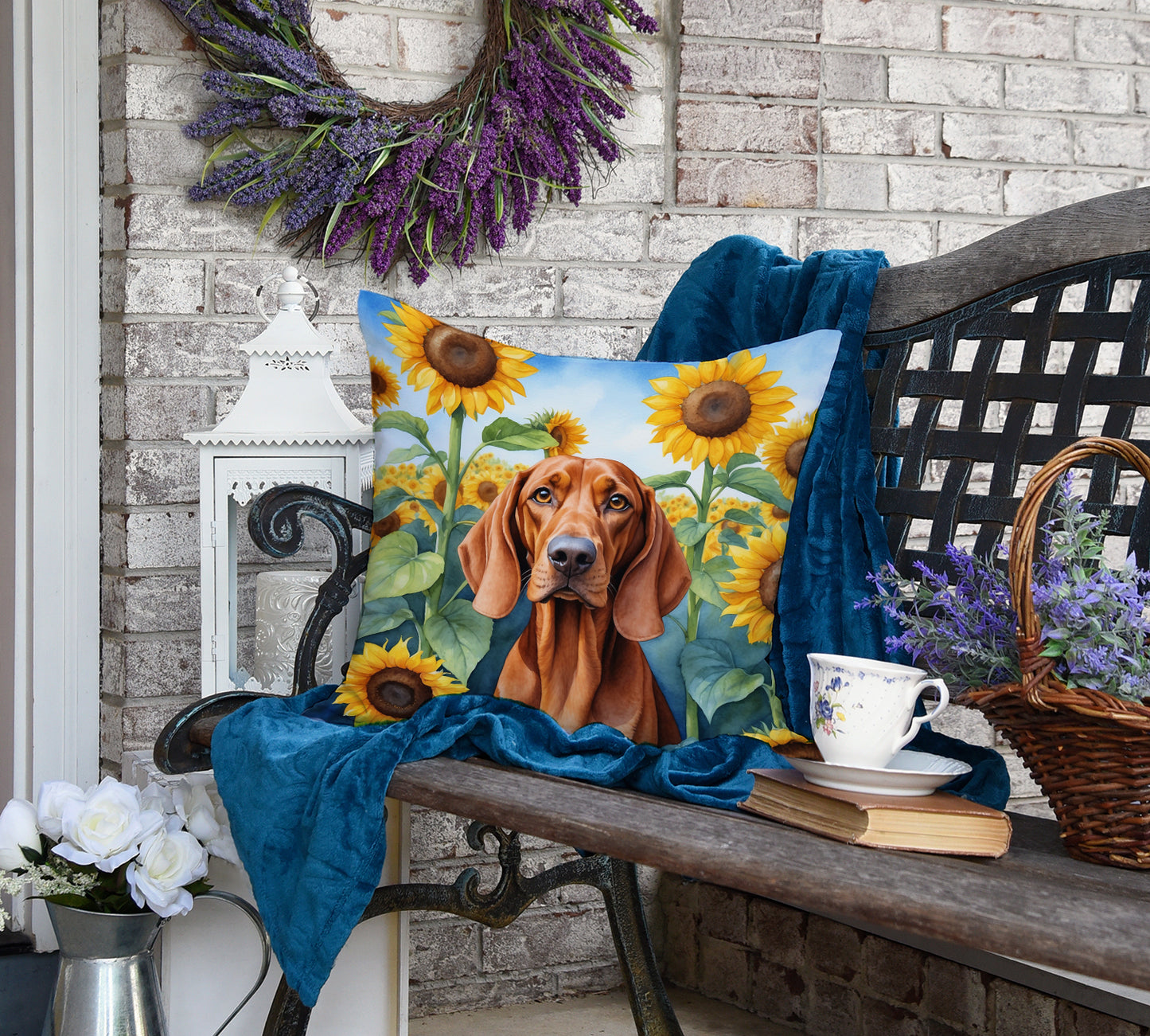 Redbone Coonhound in Sunflowers Throw Pillow