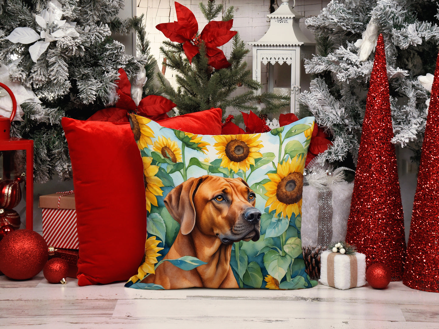 Rhodesian Ridgeback in Sunflowers Throw Pillow