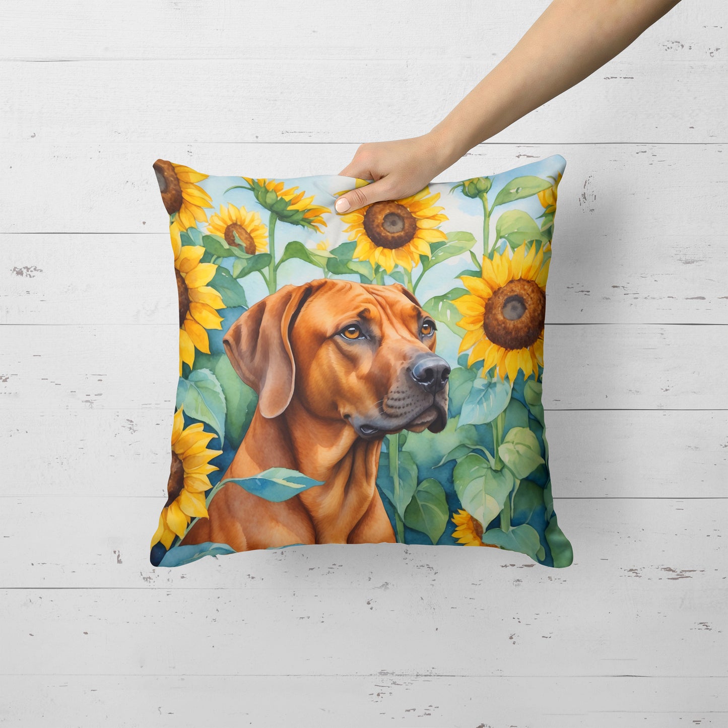 Rhodesian Ridgeback in Sunflowers Throw Pillow