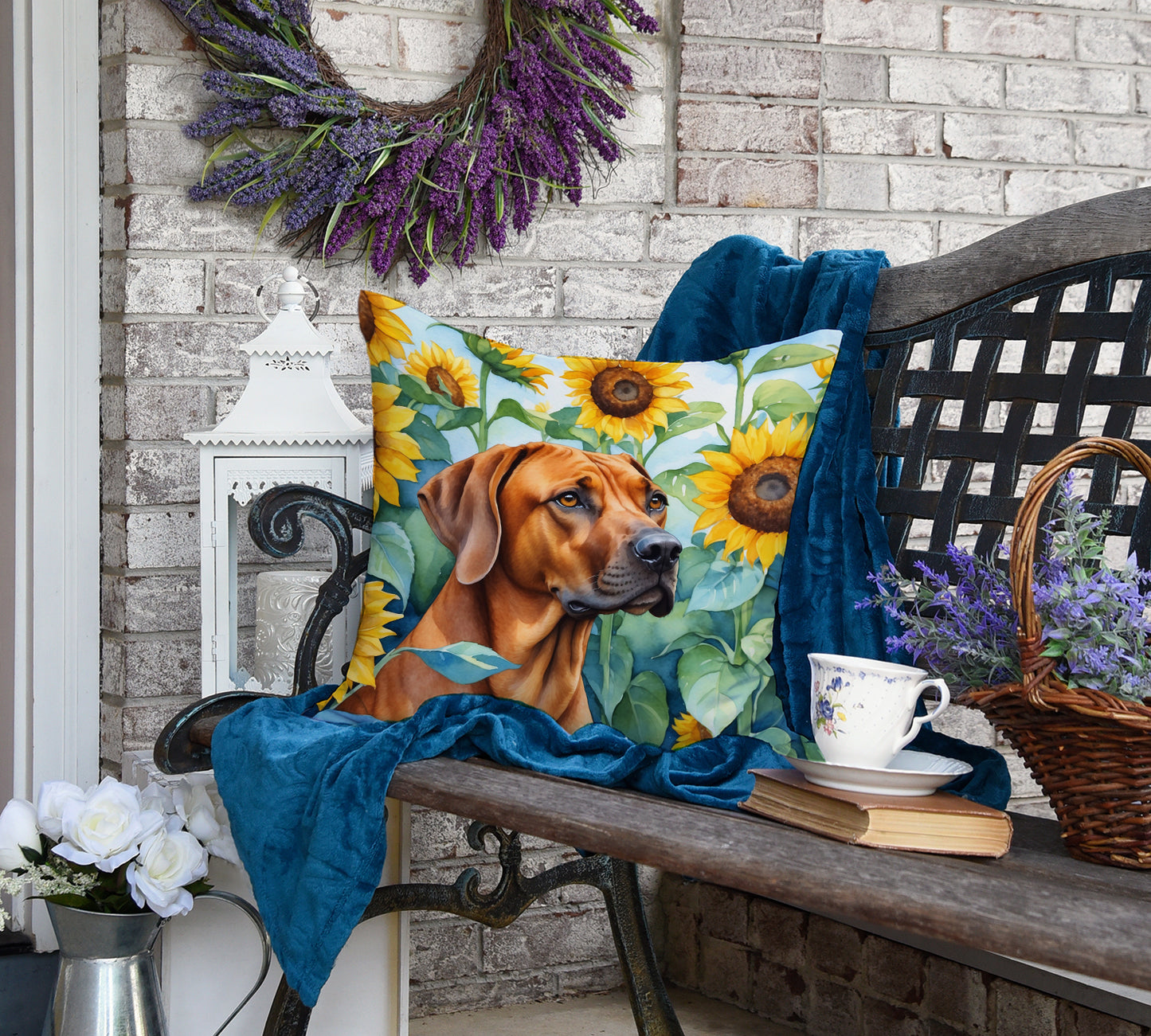 Rhodesian Ridgeback in Sunflowers Throw Pillow