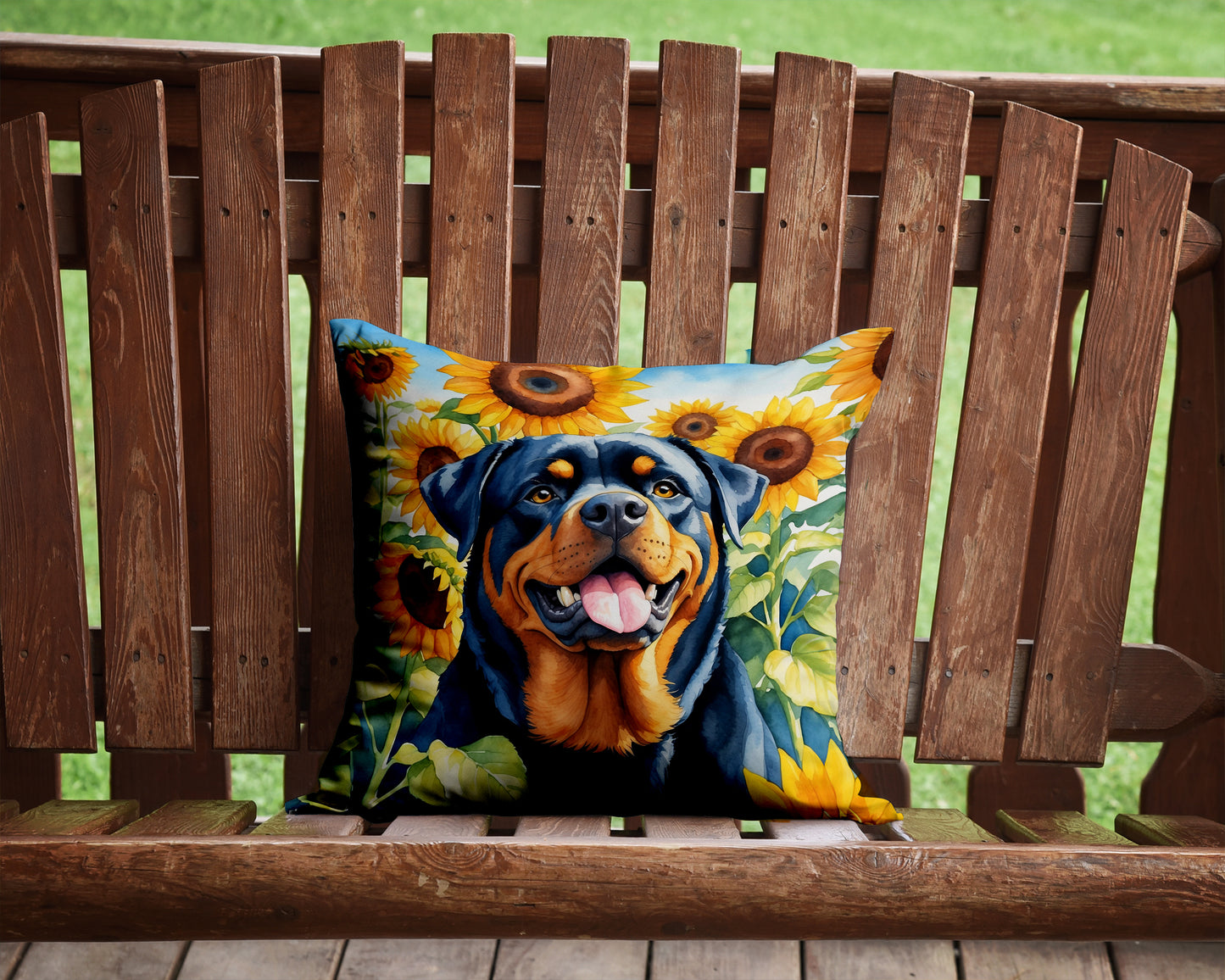 Rottweiler in Sunflowers Throw Pillow