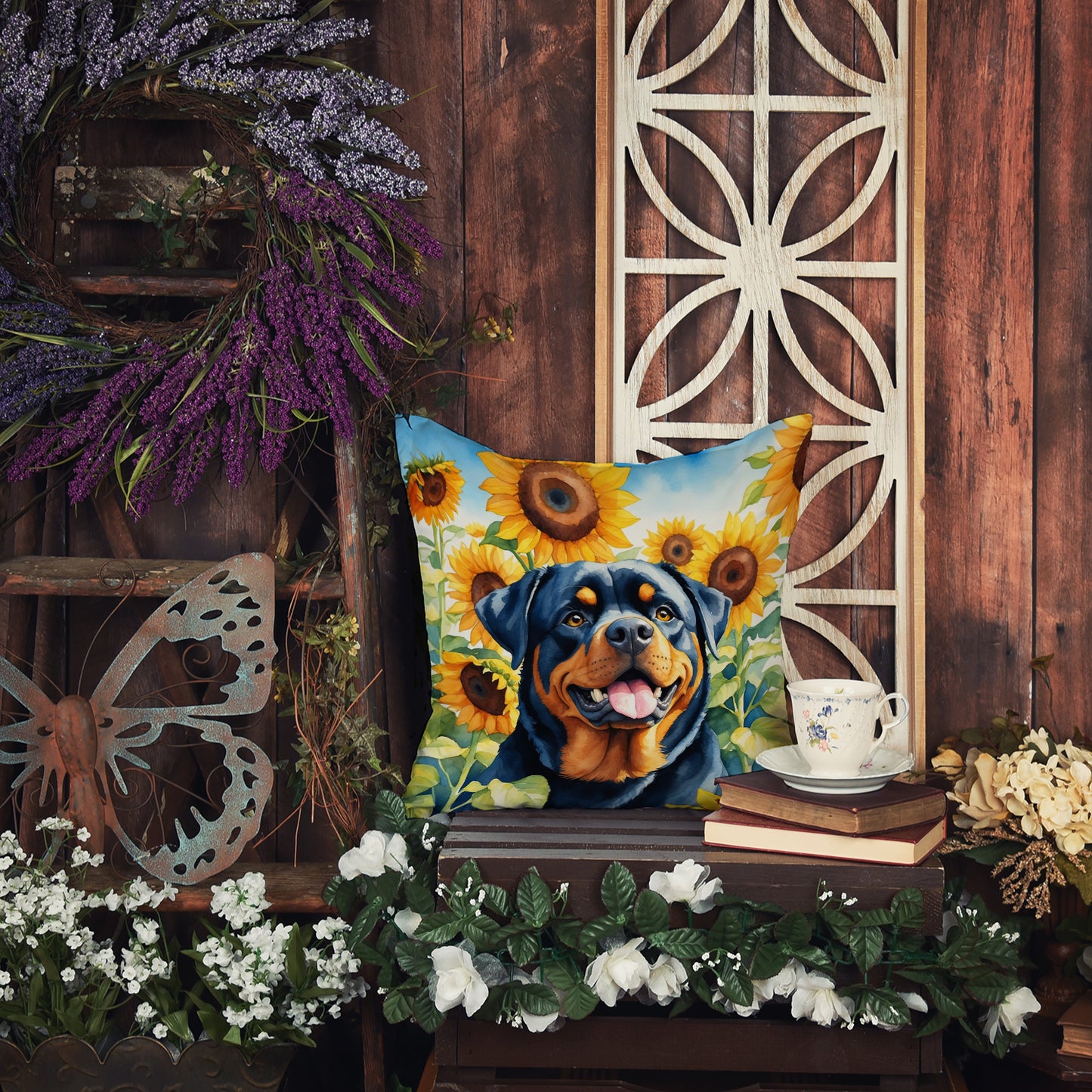 Rottweiler in Sunflowers Throw Pillow