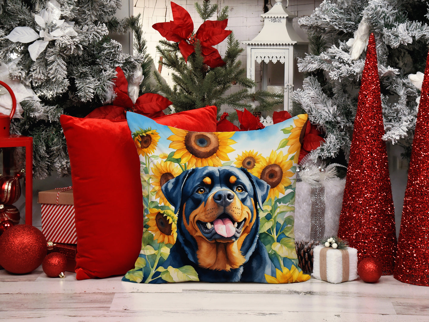 Rottweiler in Sunflowers Throw Pillow