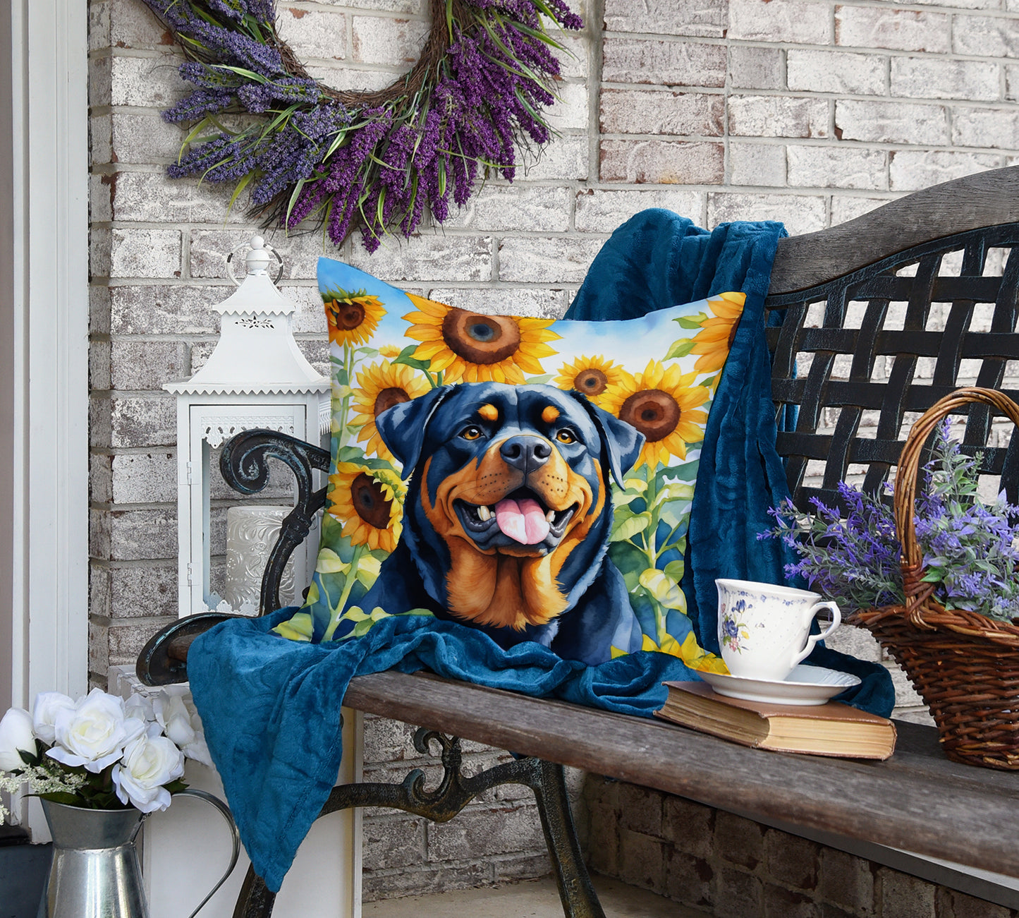 Rottweiler in Sunflowers Throw Pillow