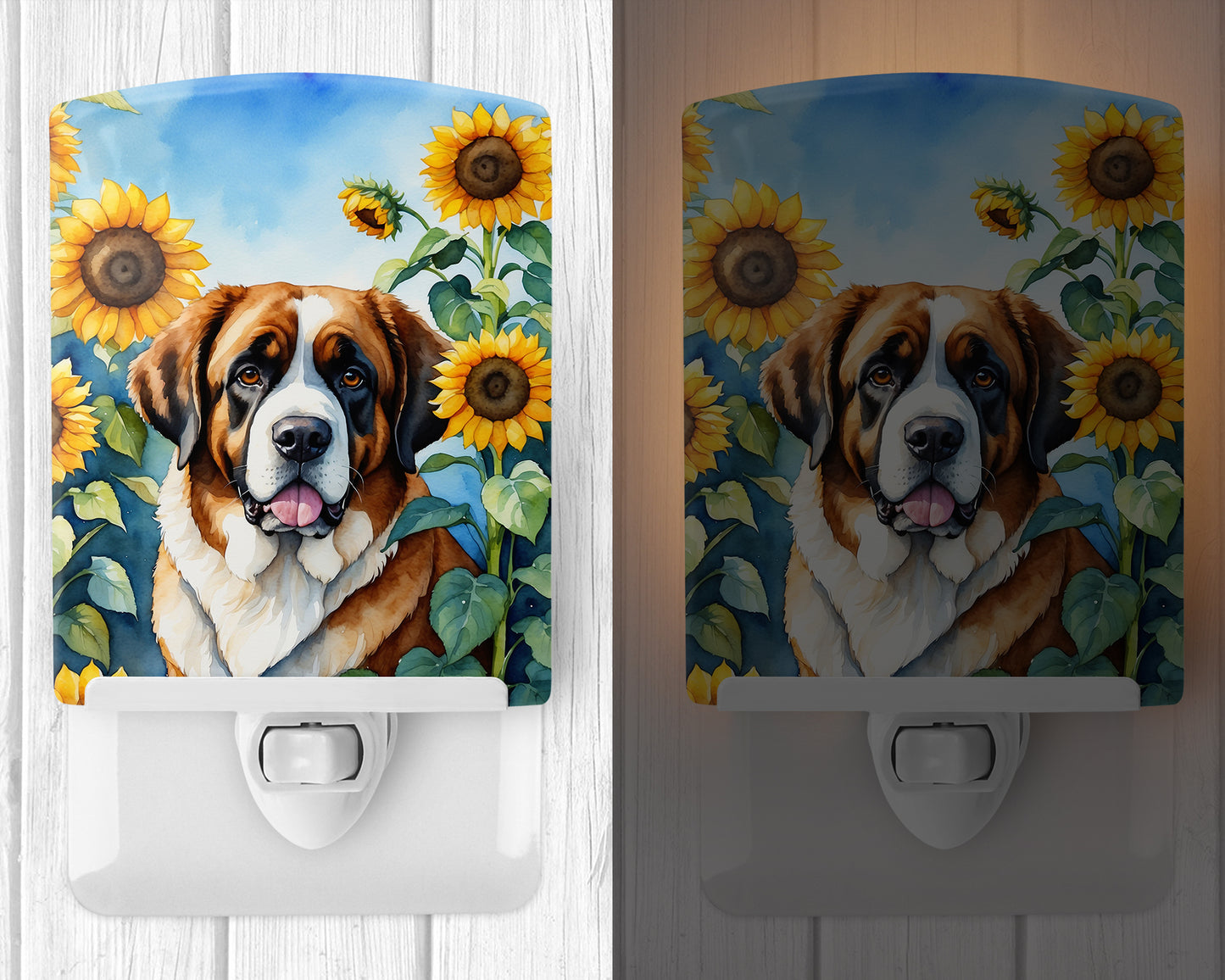 Saint Bernard in Sunflowers Ceramic Night Light