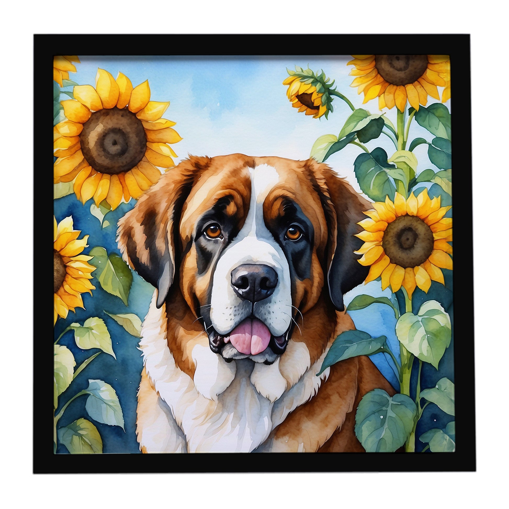 Buy this Saint Bernard in Sunflowers Framed Metal Print