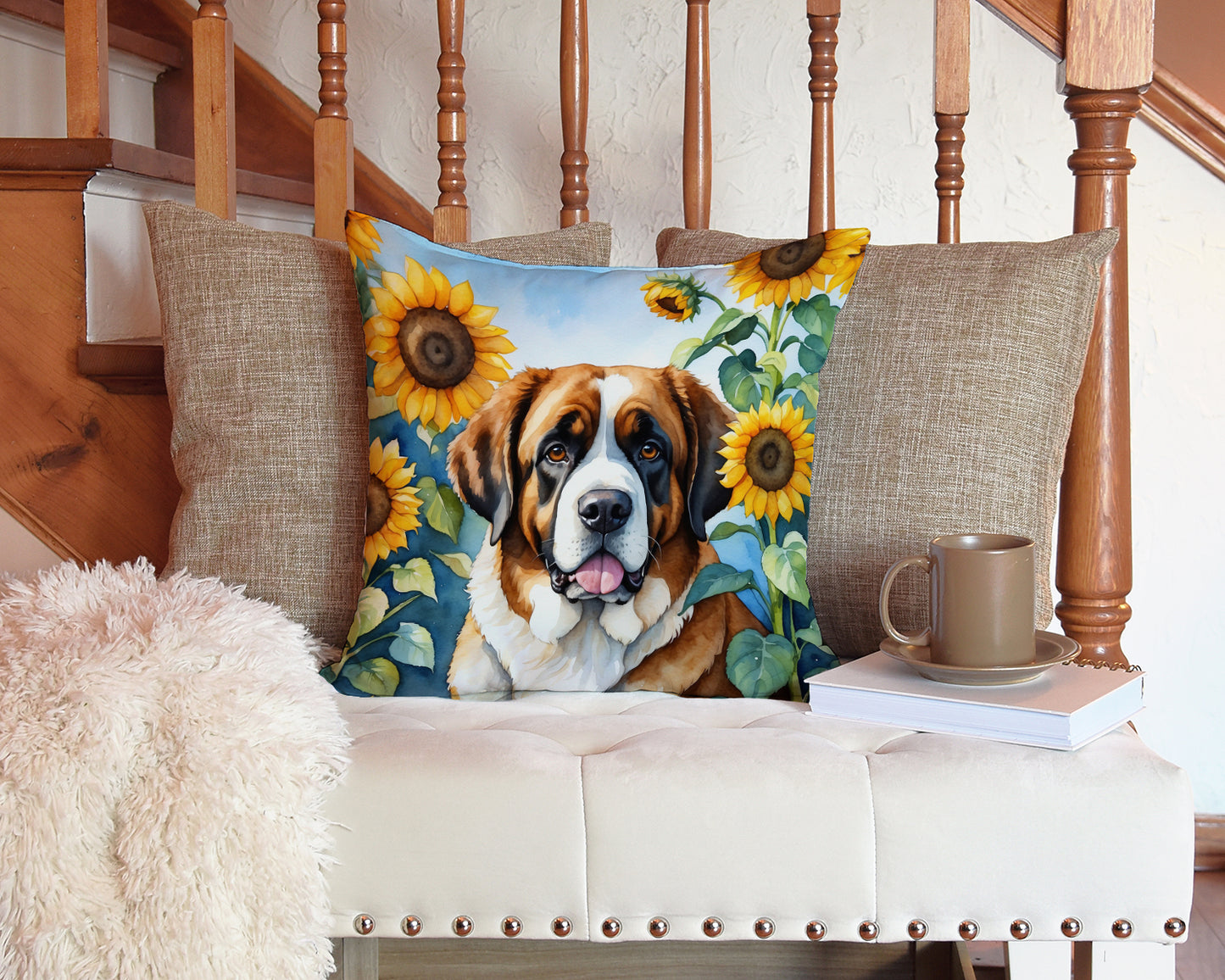 Saint Bernard in Sunflowers Throw Pillow