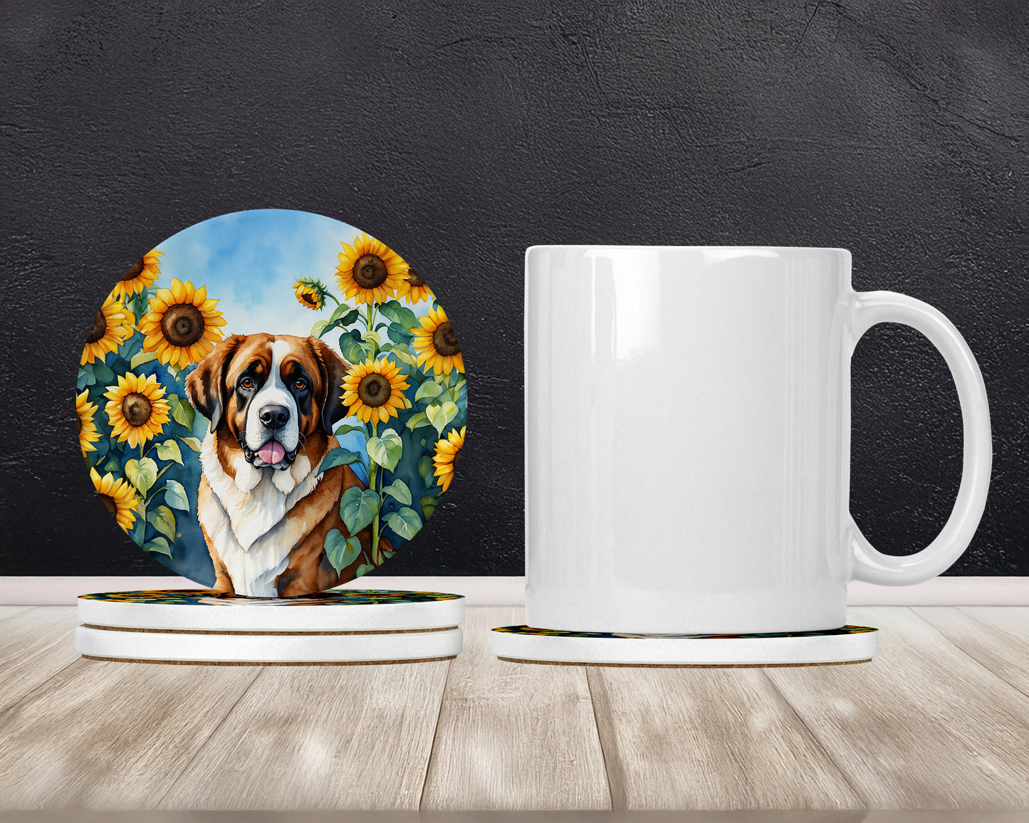 Saint Bernard in Sunflowers Large Sandstone Coasters Pack of 4