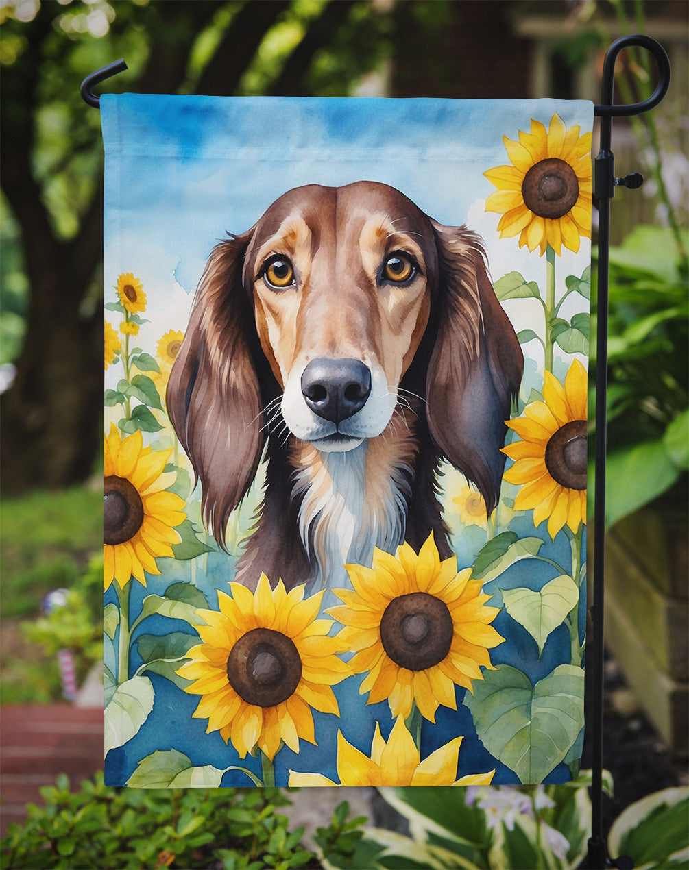 Saluki in Sunflowers Garden Flag