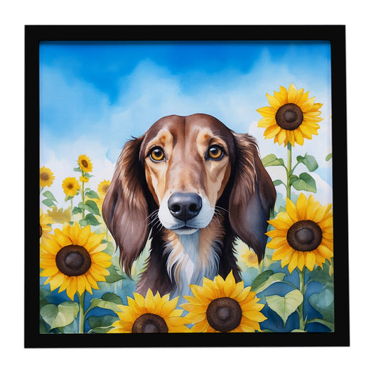 Buy this Saluki in Sunflowers Framed Metal Print