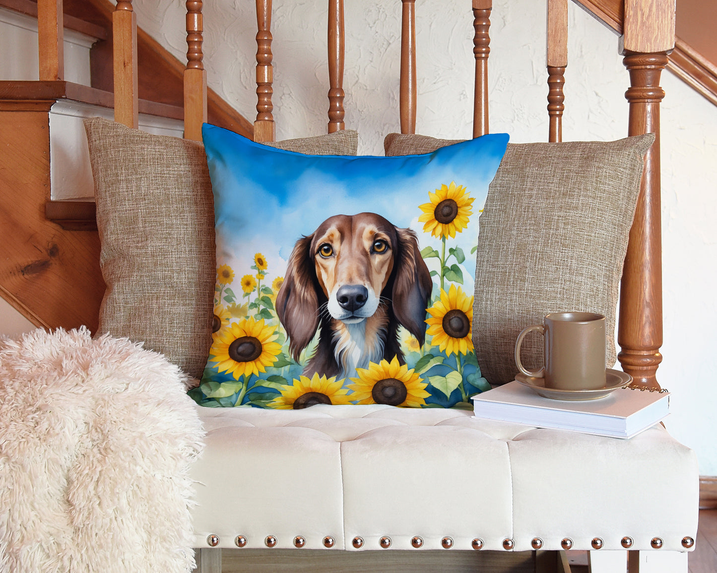 Saluki in Sunflowers Throw Pillow