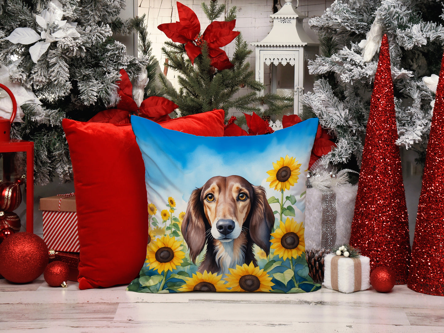 Saluki in Sunflowers Throw Pillow