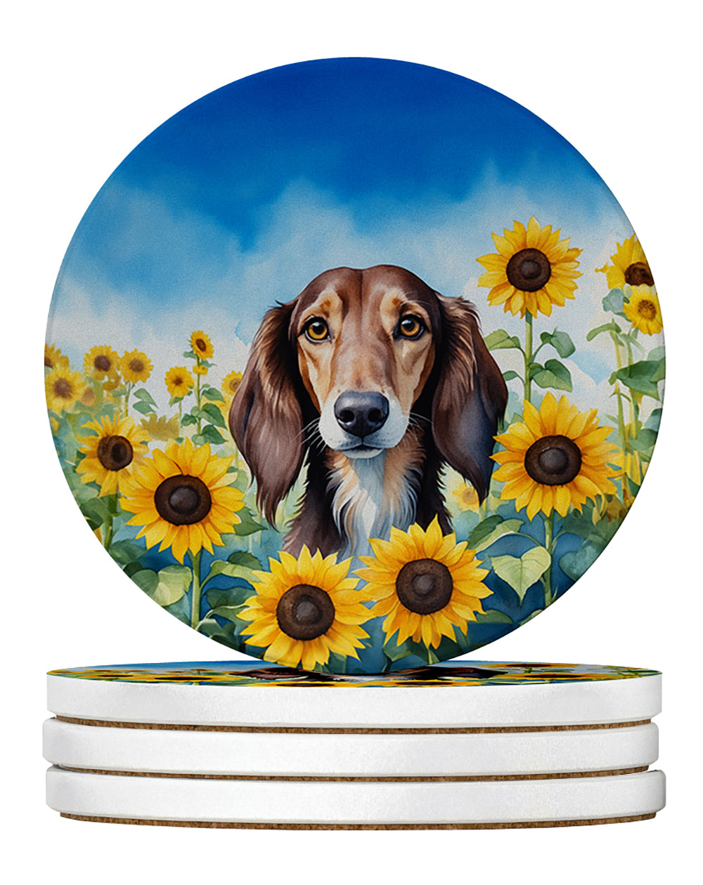 Buy this Saluki in Sunflowers Large Sandstone Coasters Pack of 4