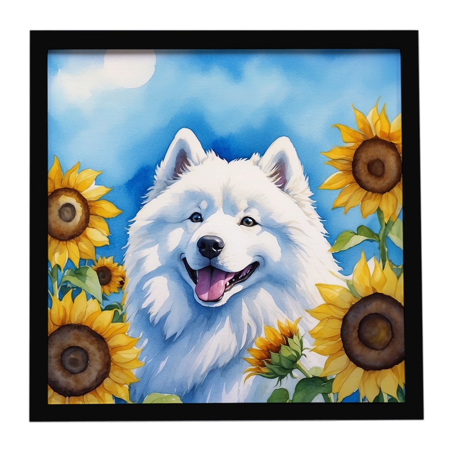 Buy this Samoyed in Sunflowers Framed Metal Print