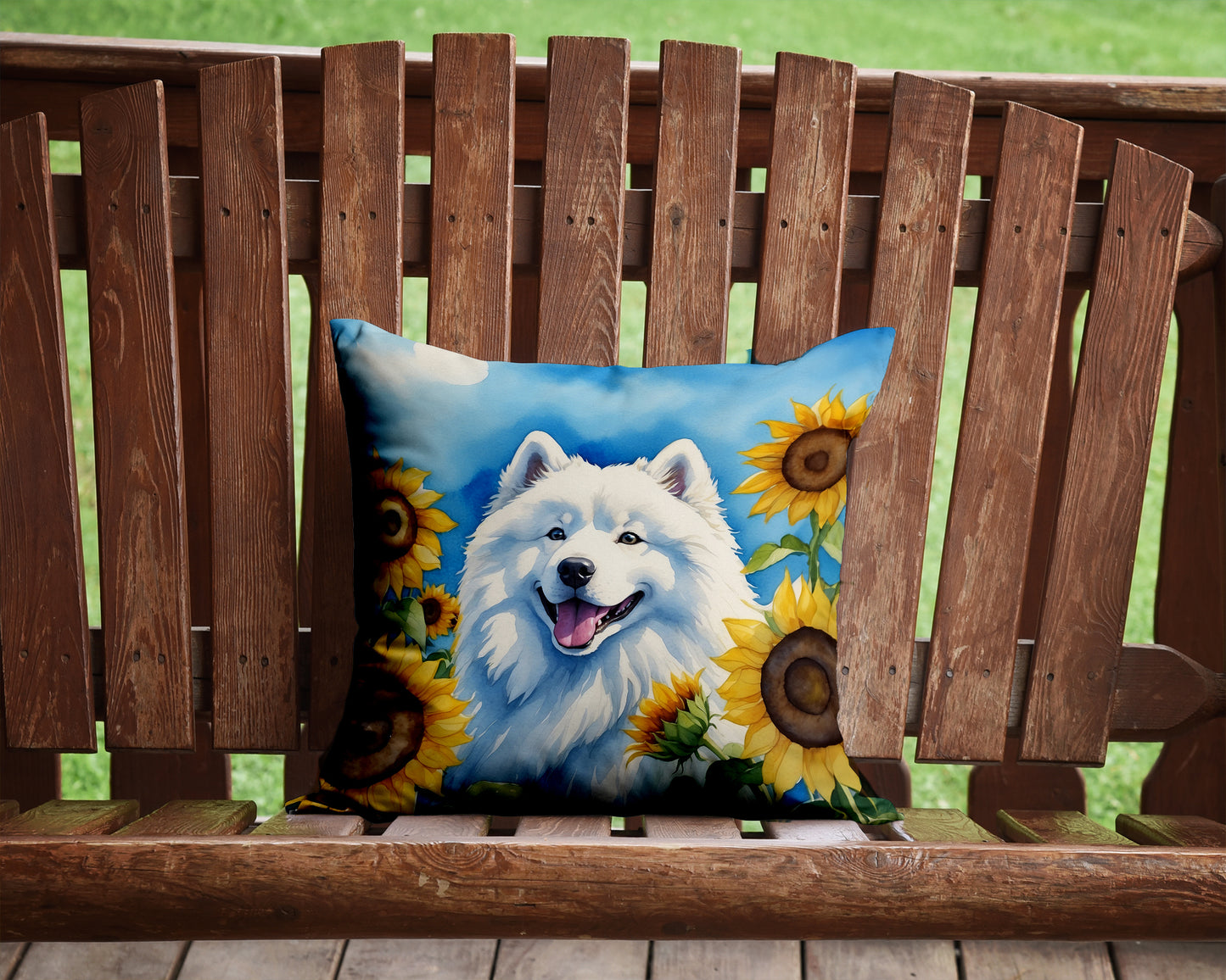 Samoyed in Sunflowers Throw Pillow