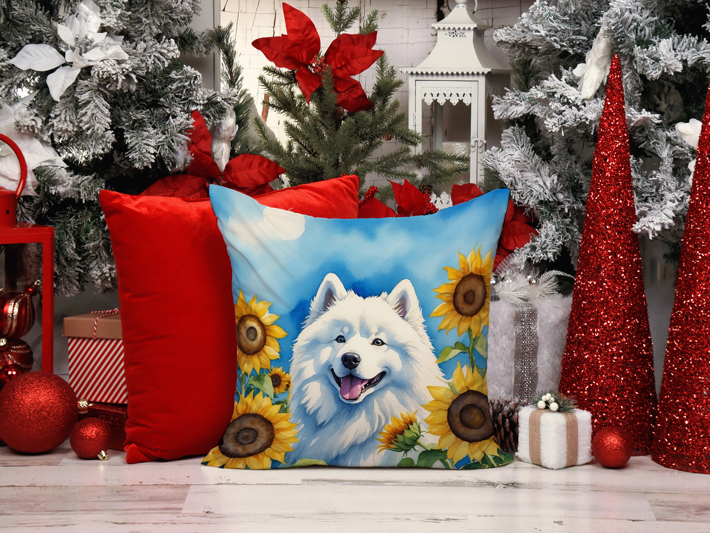 Samoyed in Sunflowers Throw Pillow