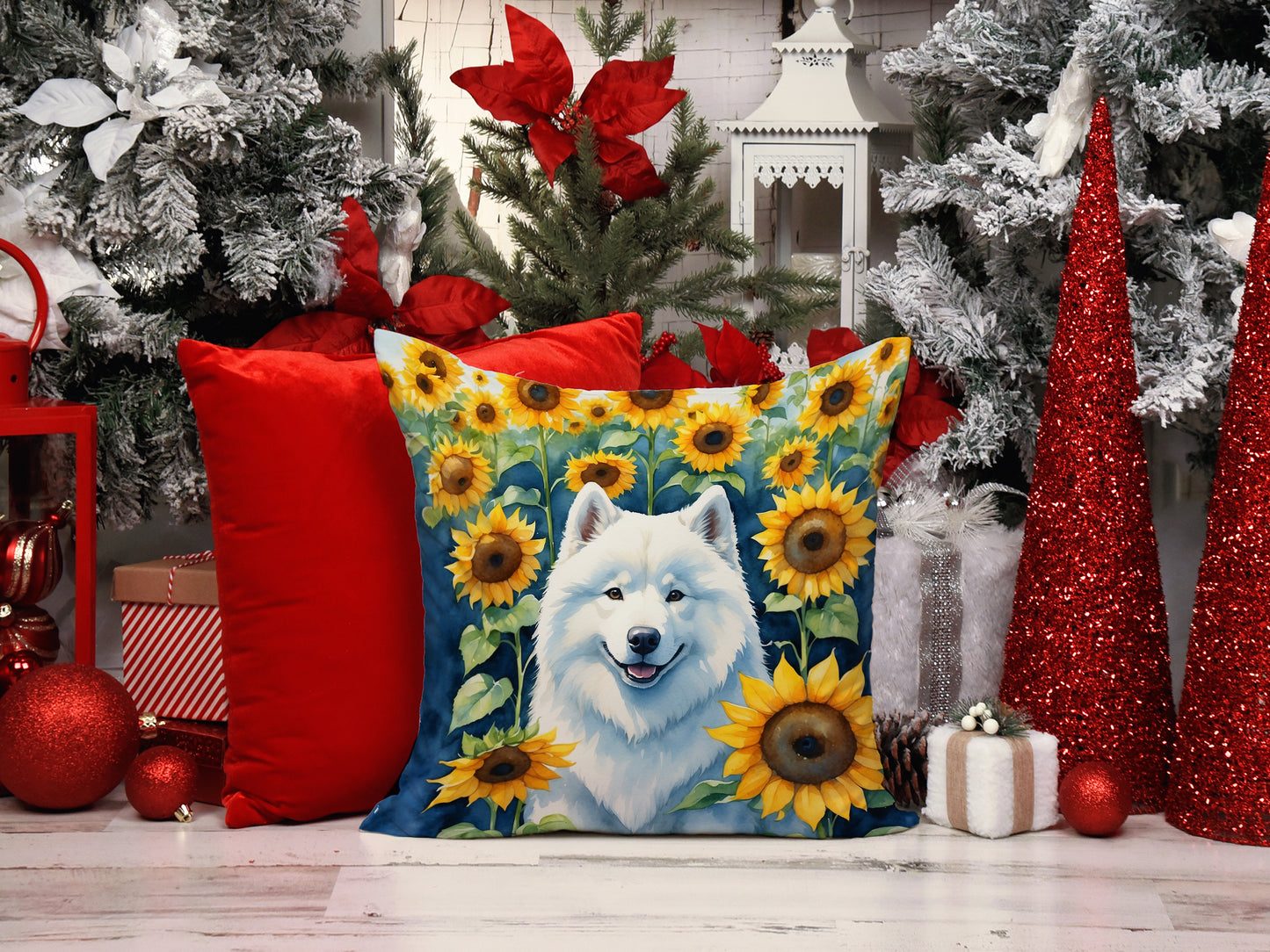 Samoyed in Sunflowers Throw Pillow