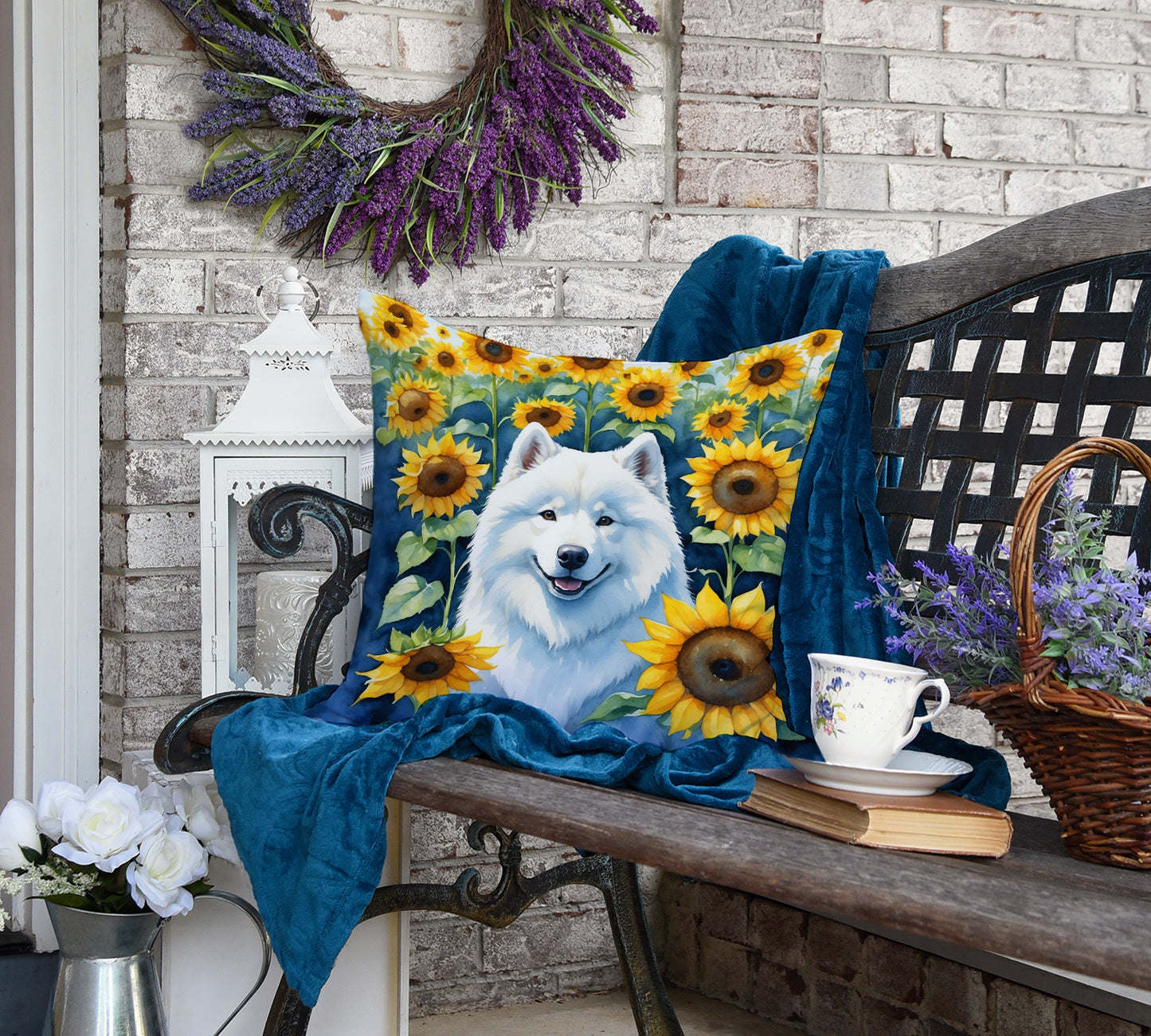 Samoyed in Sunflowers Throw Pillow