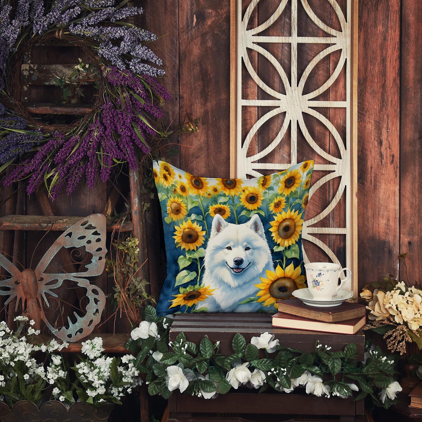 Samoyed in Sunflowers Throw Pillow