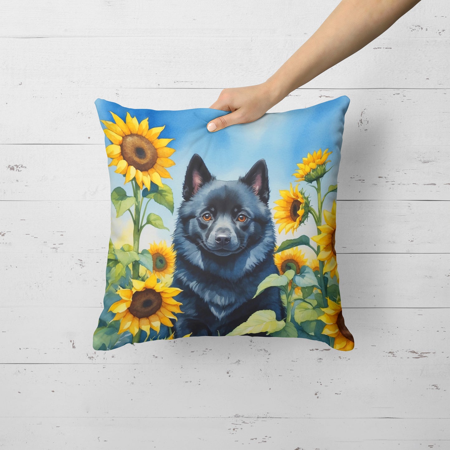 Schipperke in Sunflowers Throw Pillow