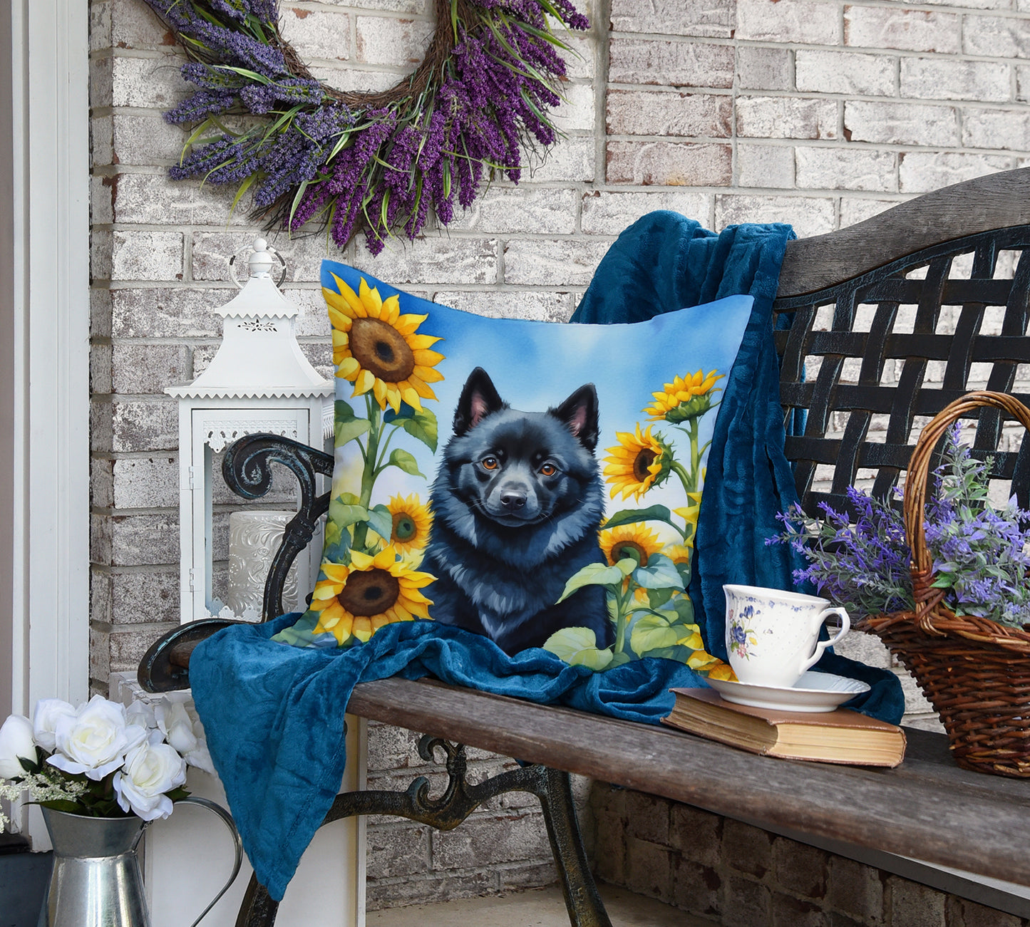 Schipperke in Sunflowers Throw Pillow