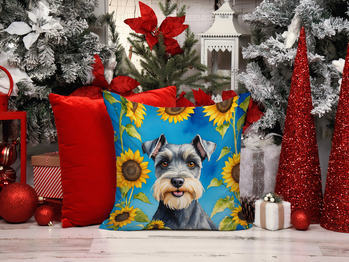 Schnauzer in Sunflowers Throw Pillow