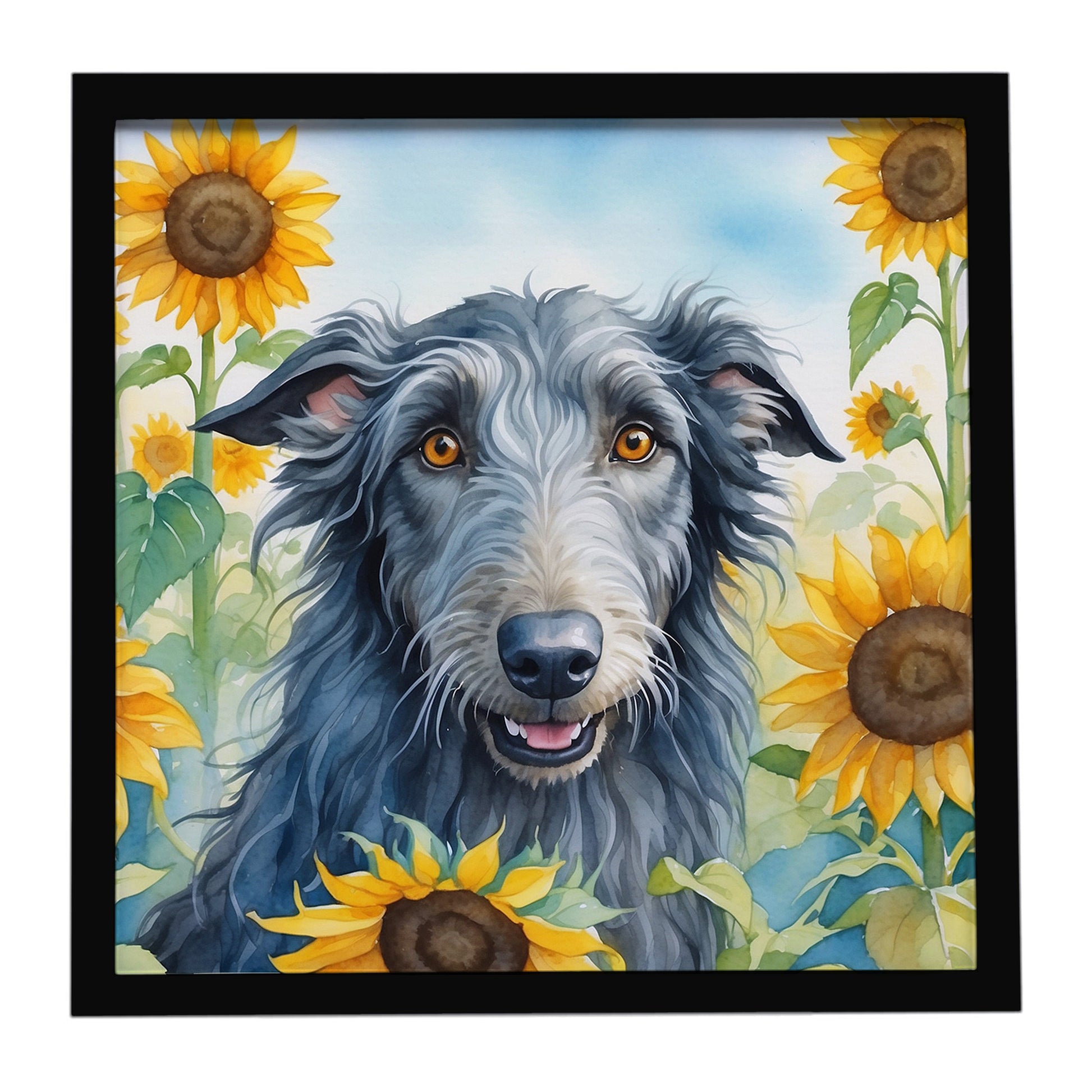 Buy this Scottish Deerhound in Sunflowers Framed Metal Print