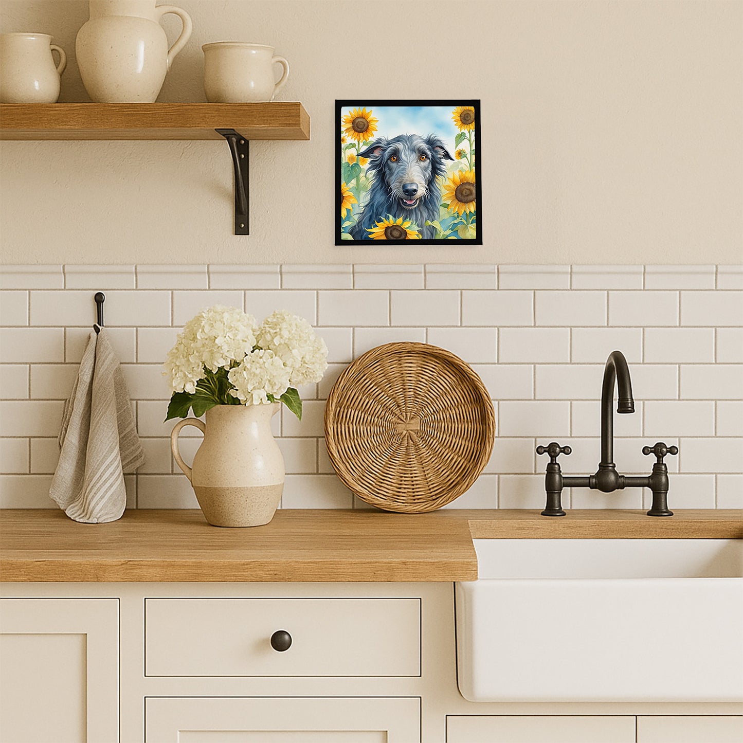 Scottish Deerhound in Sunflowers Framed Metal Print