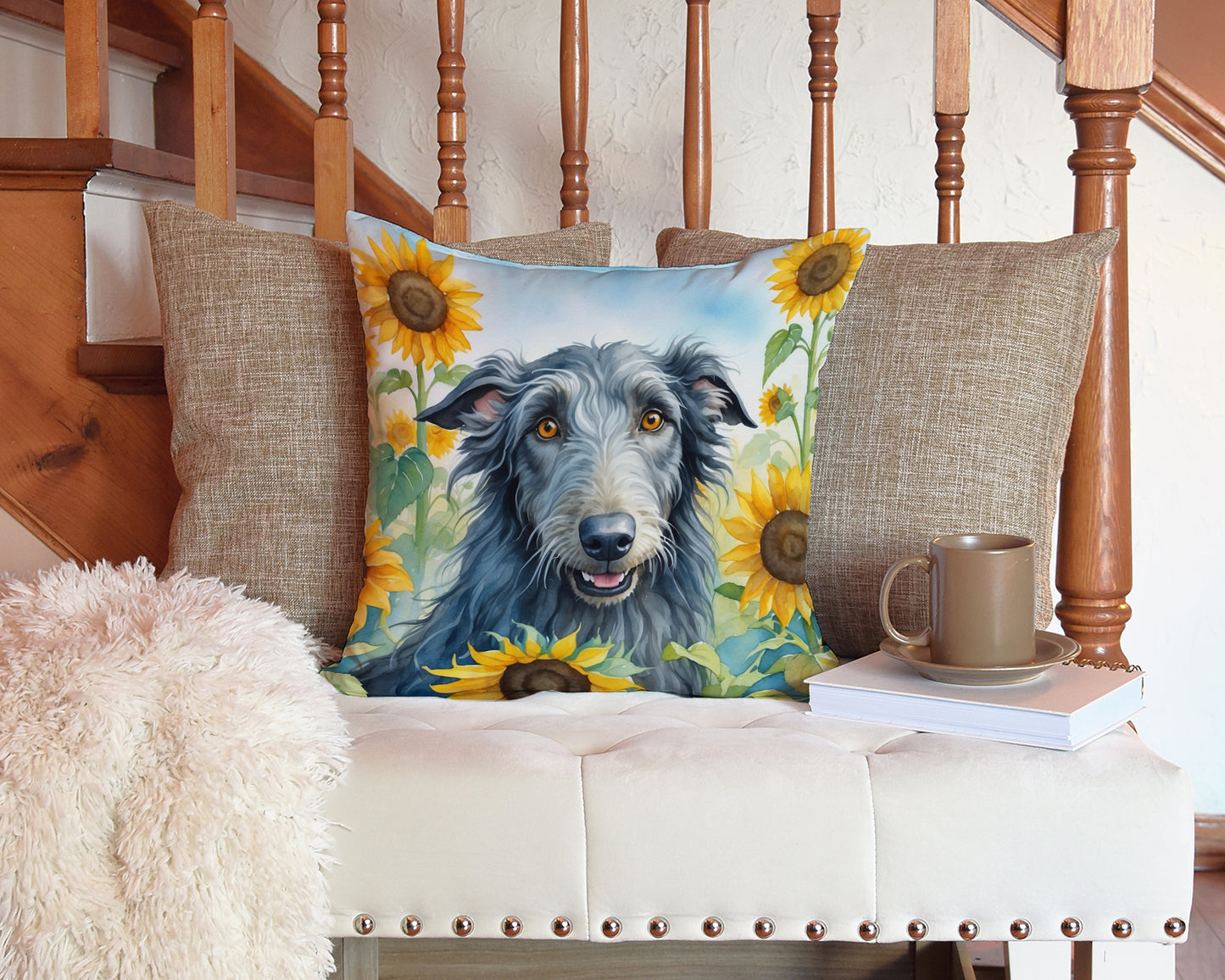 Scottish Deerhound in Sunflowers Throw Pillow