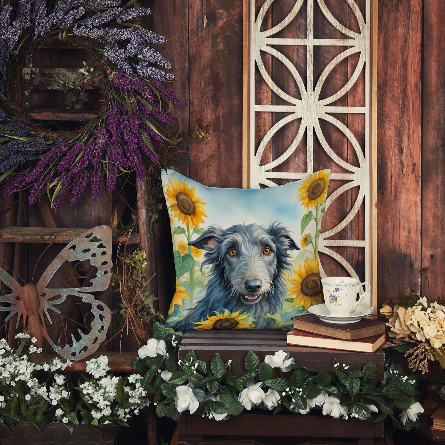 Scottish Deerhound in Sunflowers Throw Pillow