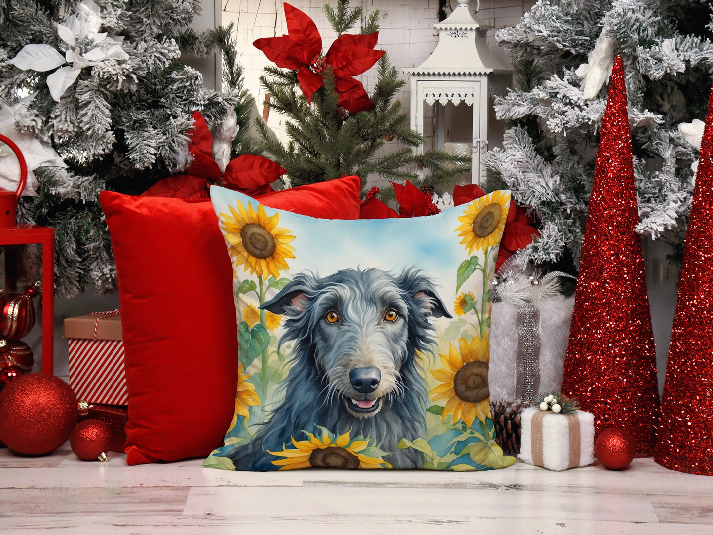 Scottish Deerhound in Sunflowers Throw Pillow