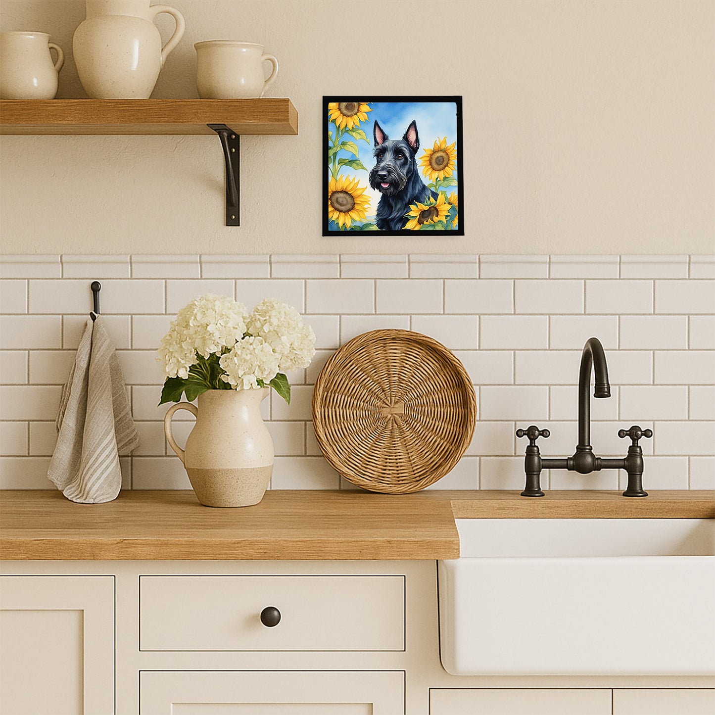 Scottish Terrier in Sunflowers Framed Metal Print