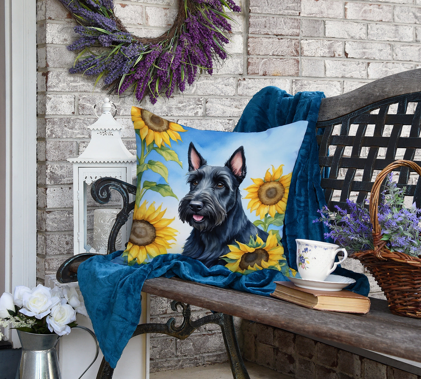 Scottish Terrier in Sunflowers Throw Pillow