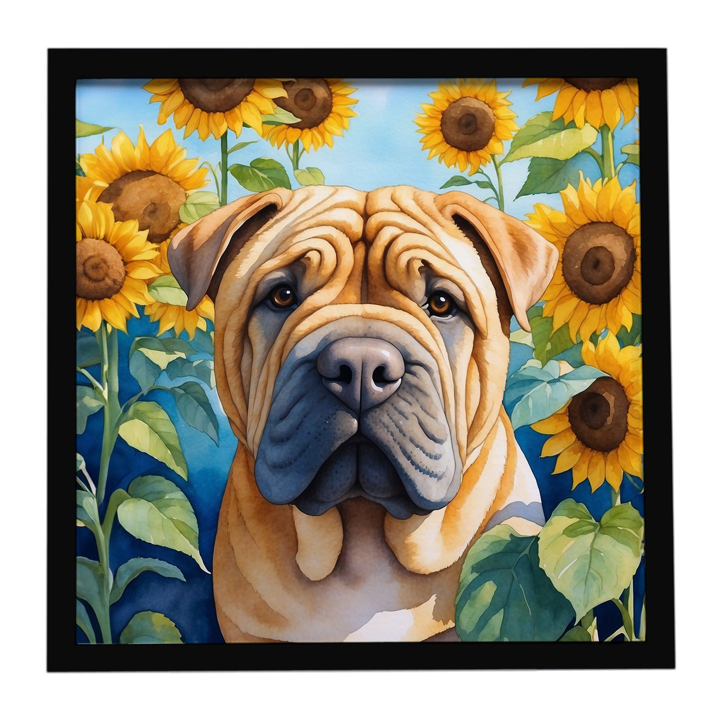 Buy this Shar Pei in Sunflowers Framed Metal Print