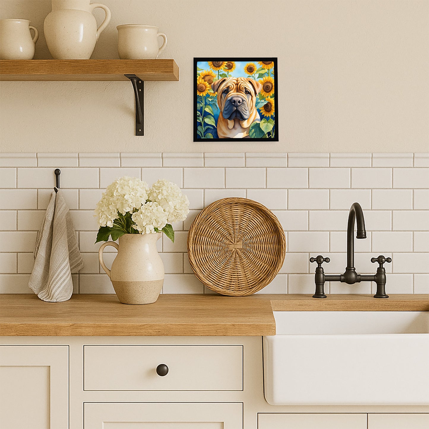 Shar Pei in Sunflowers Framed Metal Print