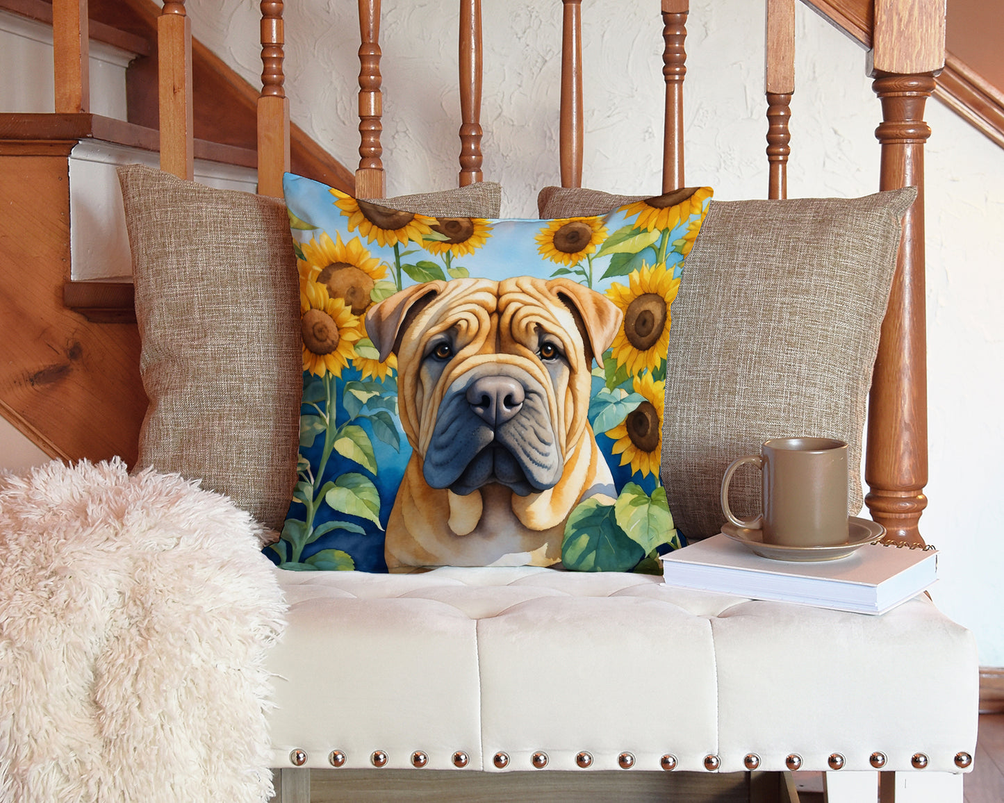 Shar Pei in Sunflowers Throw Pillow