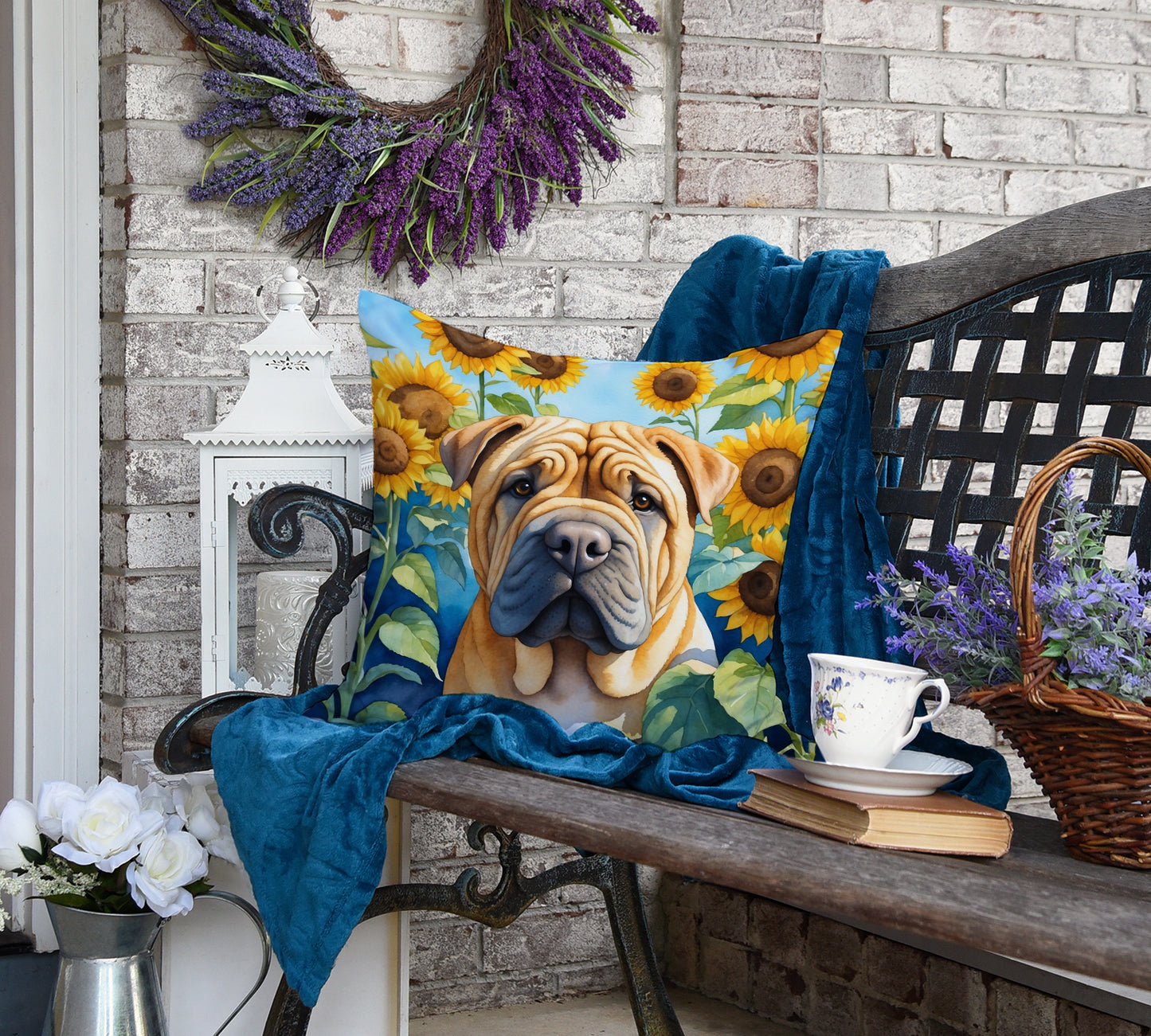 Shar Pei in Sunflowers Throw Pillow