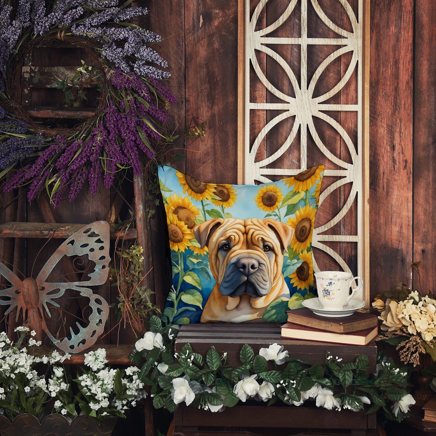 Shar Pei in Sunflowers Throw Pillow