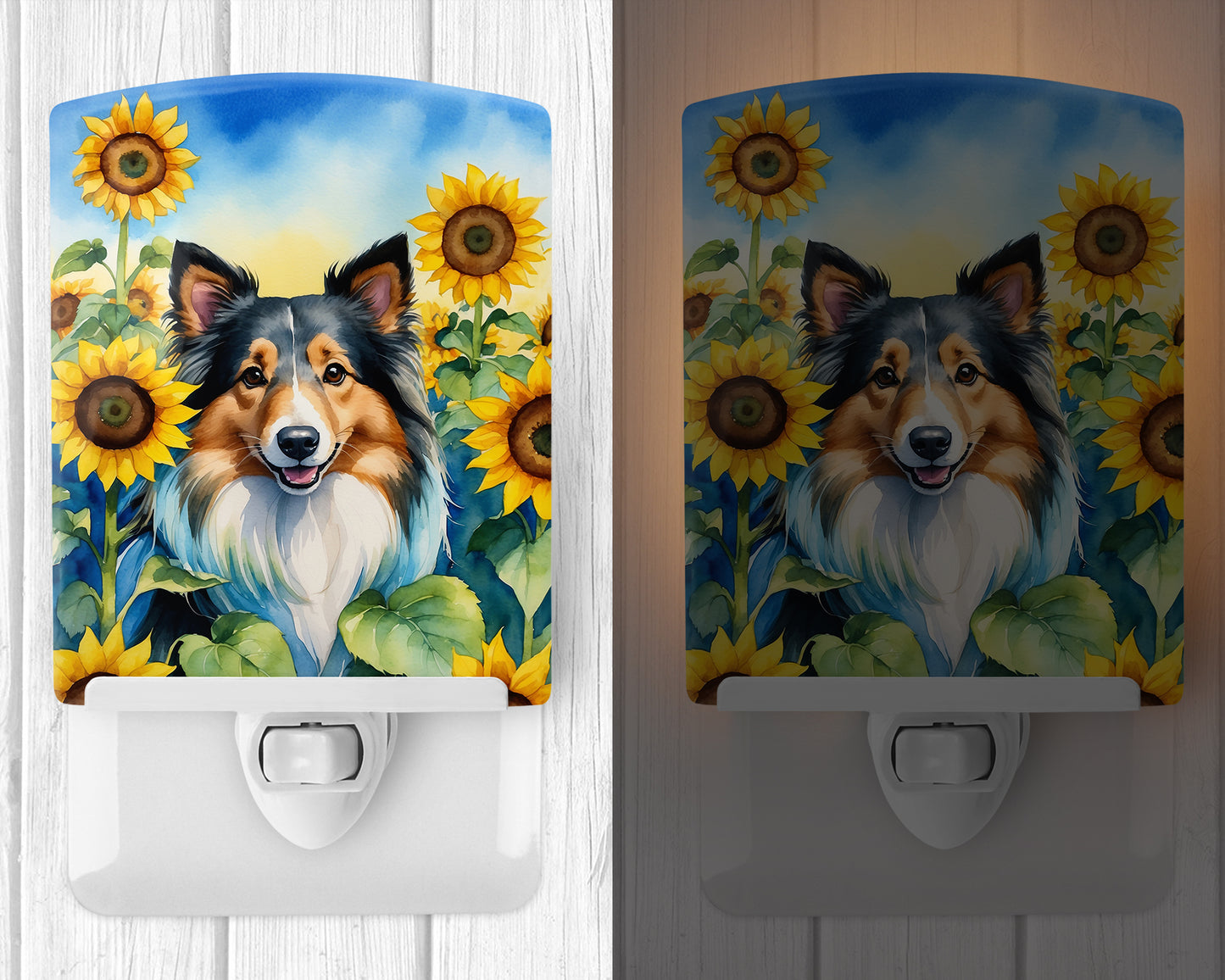 Sheltie in Sunflowers Ceramic Night Light