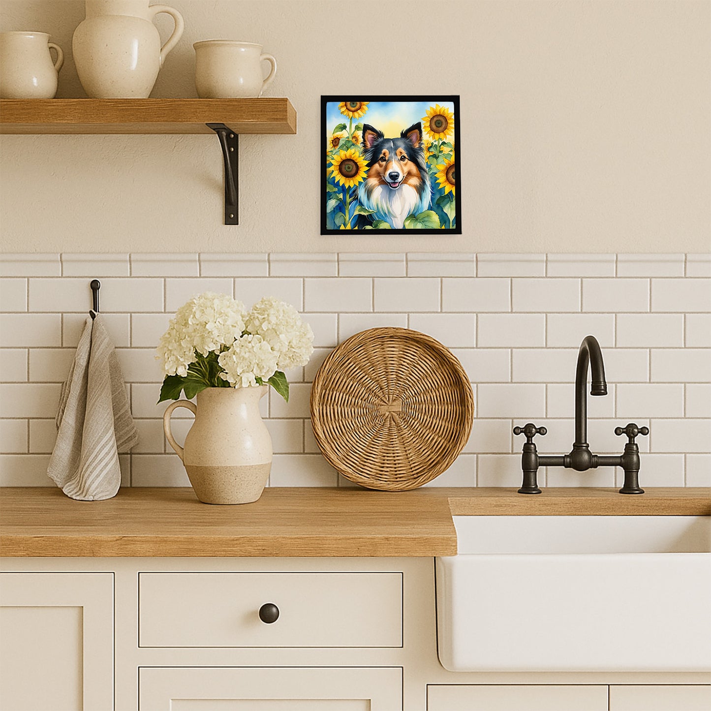 Sheltie in Sunflowers Framed Metal Print