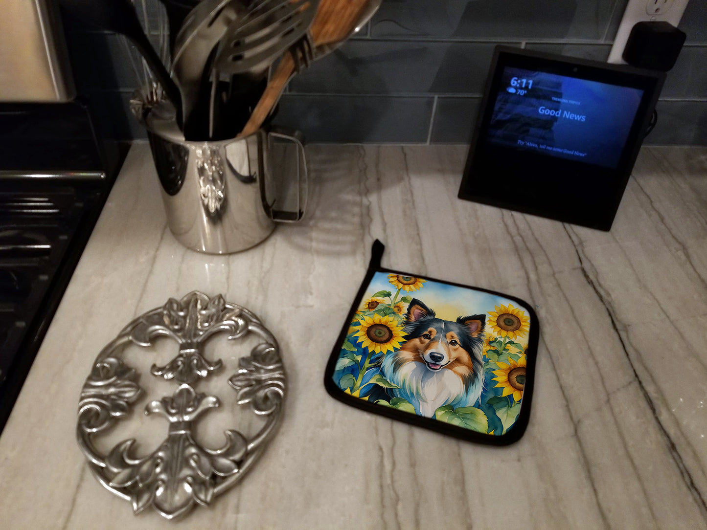 Sheltie in Sunflowers Pair of Pot Holders