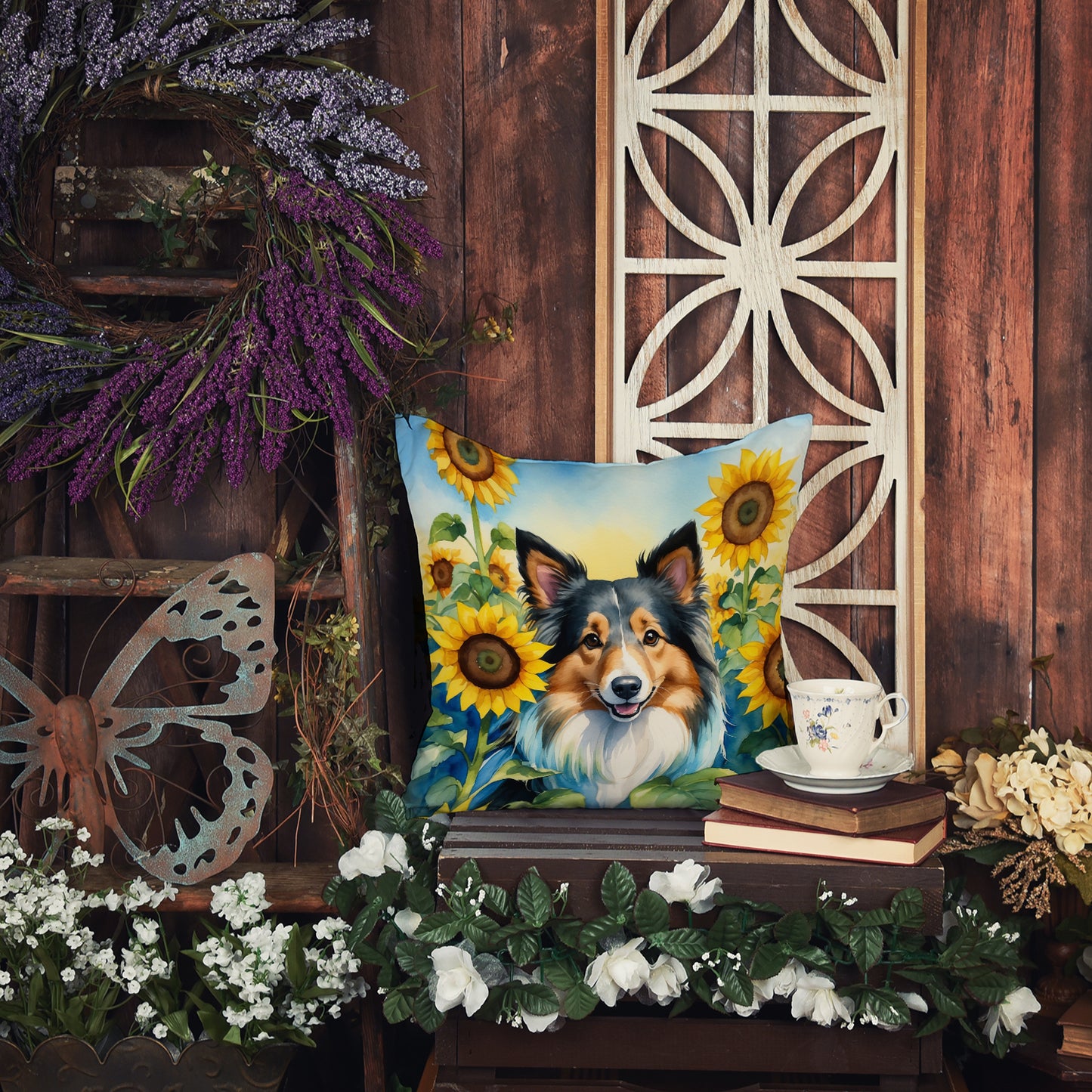 Sheltie in Sunflowers Throw Pillow