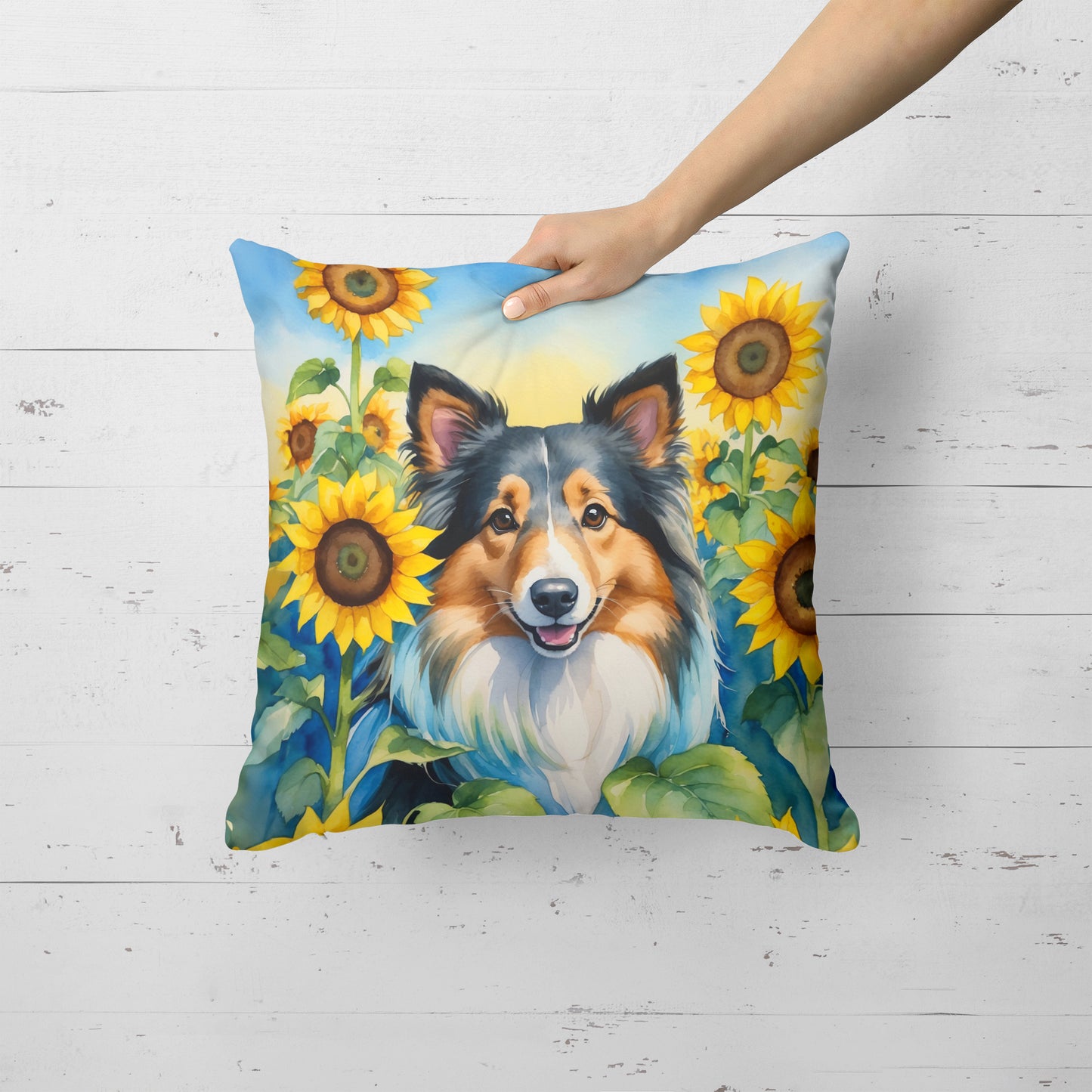 Sheltie in Sunflowers Throw Pillow