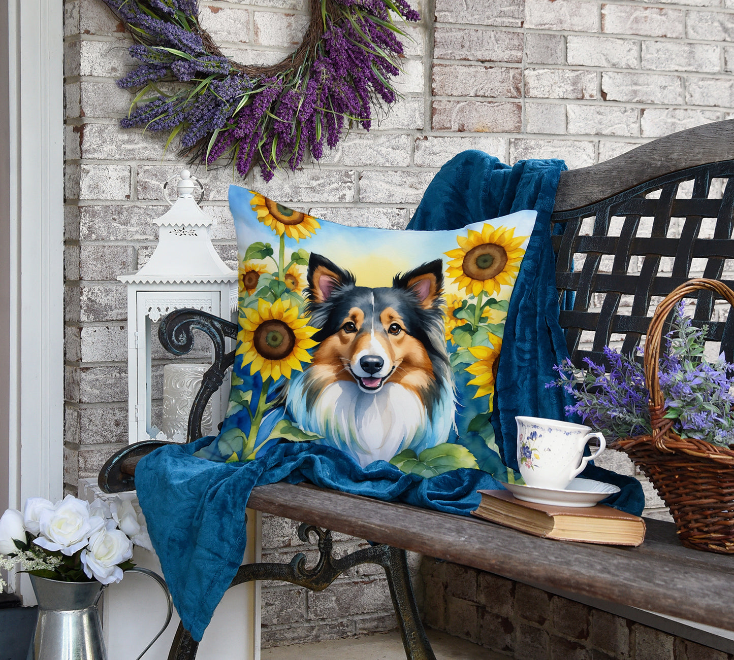 Sheltie in Sunflowers Throw Pillow