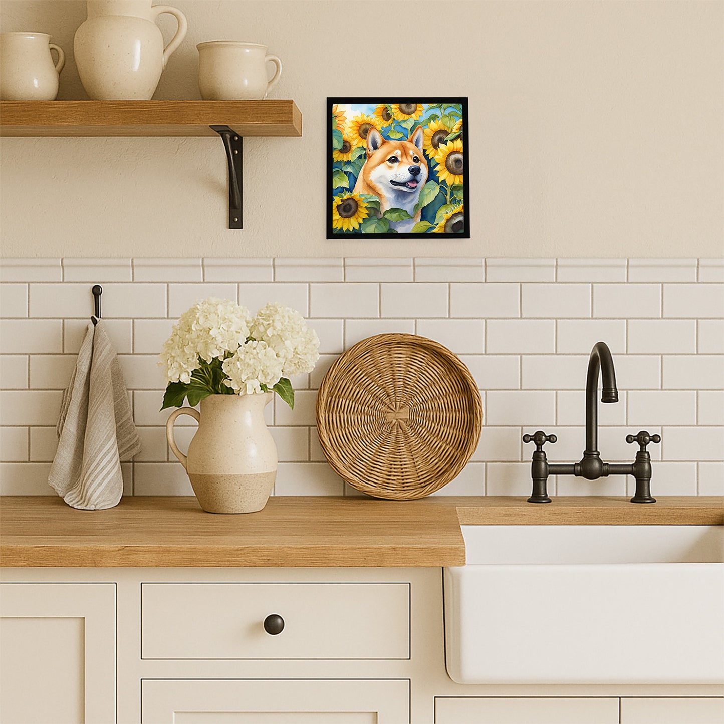 Shiba Inu in Sunflowers Framed Metal Print