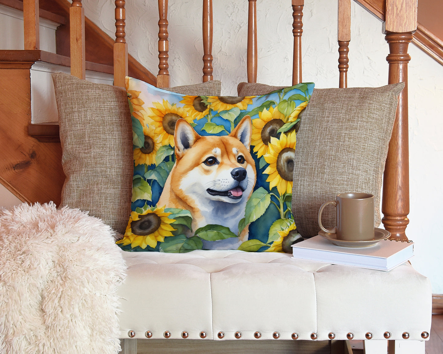 Shiba Inu in Sunflowers Throw Pillow