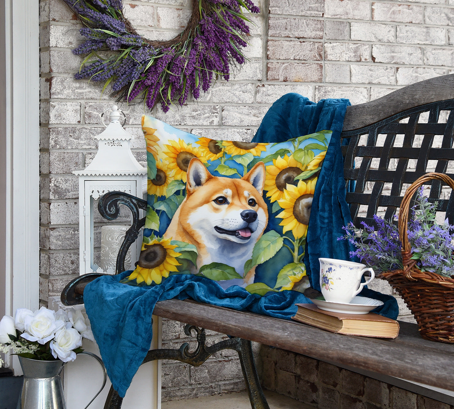 Shiba Inu in Sunflowers Throw Pillow