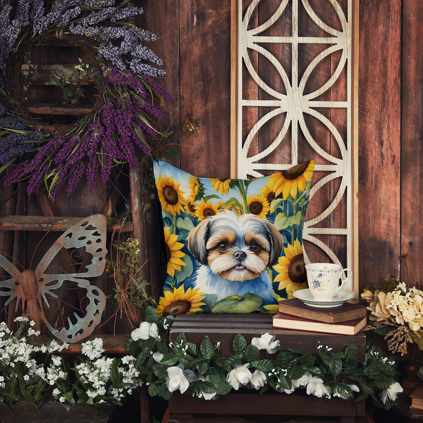 Shih Tzu in Sunflowers Throw Pillow