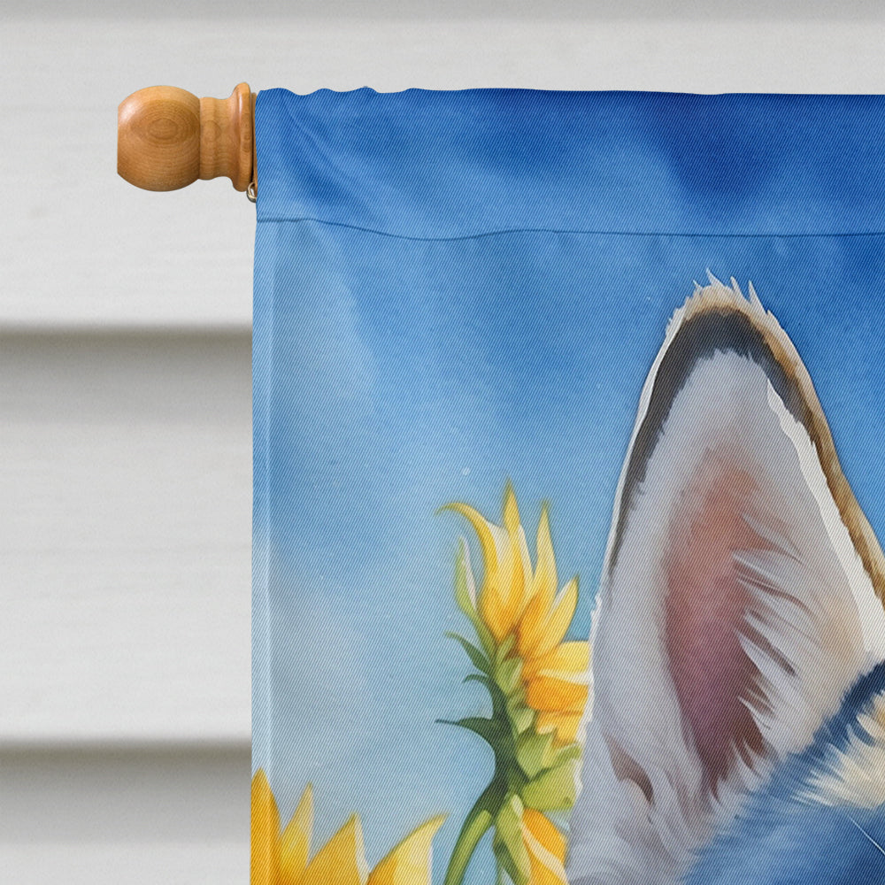 Siberian Husky in Sunflowers House Flag