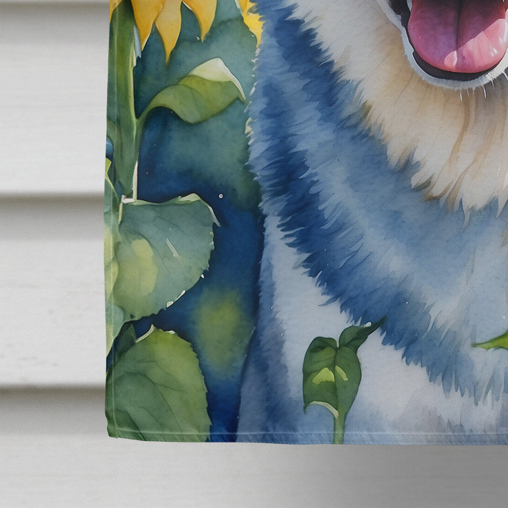 Siberian Husky in Sunflowers House Flag